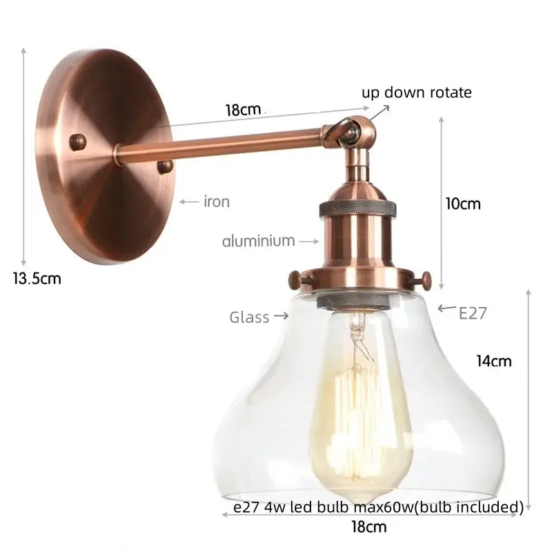 Copper-finished retro brass and glass wall sconce with clear shade and e27 led bulb for decorbites gold led wall lighting