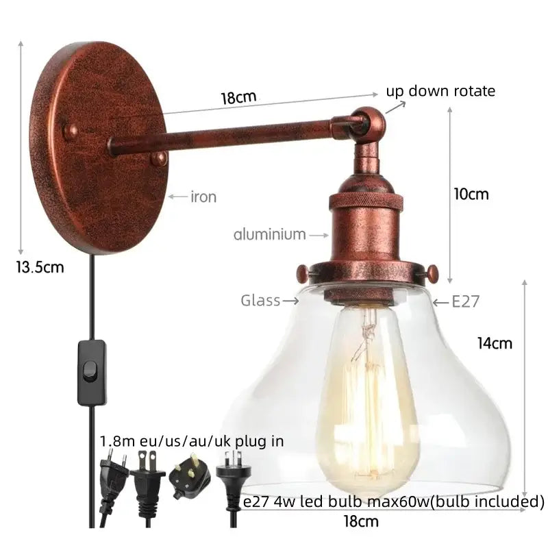 Copper-finished industrial wall sconce with clear glass shade and e27 led bulb, decorbites gold led wall light for bedroom