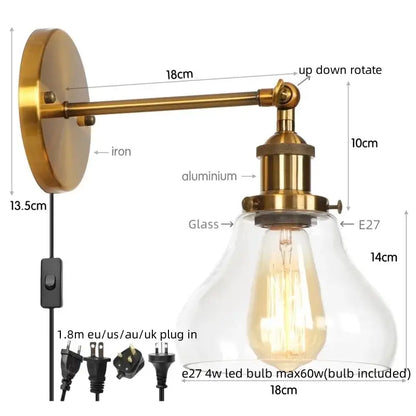 Retro brass and glass wall sconce with clear glass shade and e27 led bulb perfect for decorbites gold led wall lighting