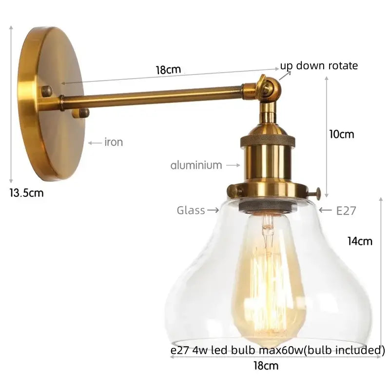 Brass-finished industrial-style wall sconce with clear glass shade and e27 led bulb for decorbites gold led wall lighting
