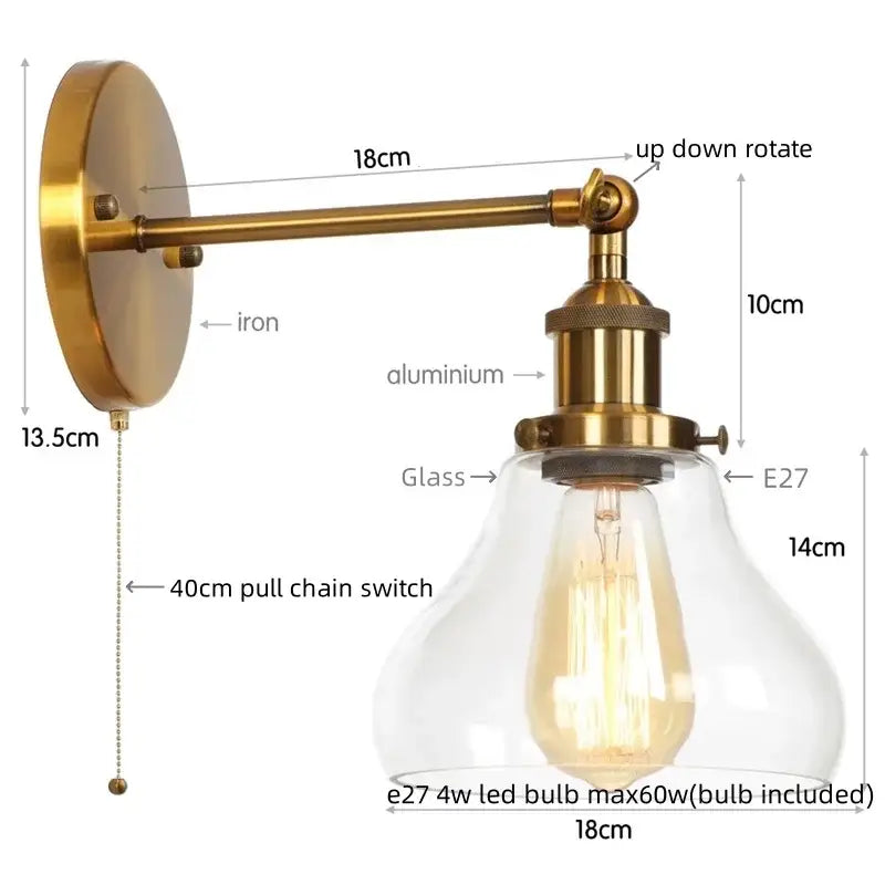 Brass-finished industrial wall sconce with clear glass shade and e27 led bulb for decorbites gold led wall decor