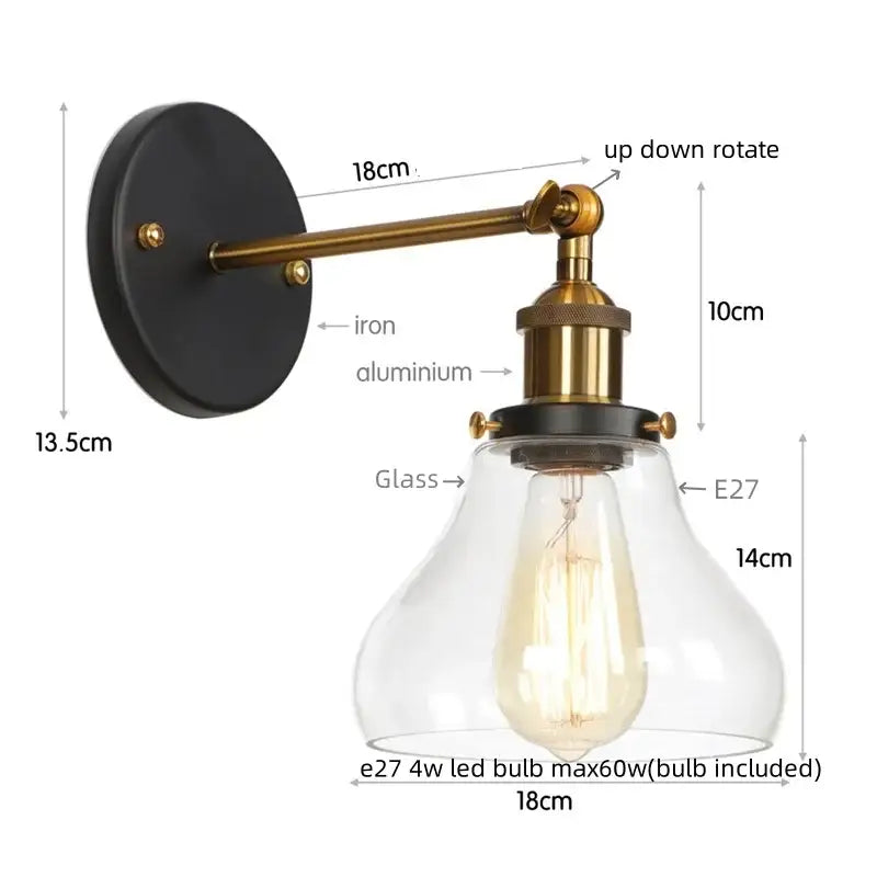 Retro brass and glass wall sconce with black iron backplate and clear shade for decorbites gold led wall lighting