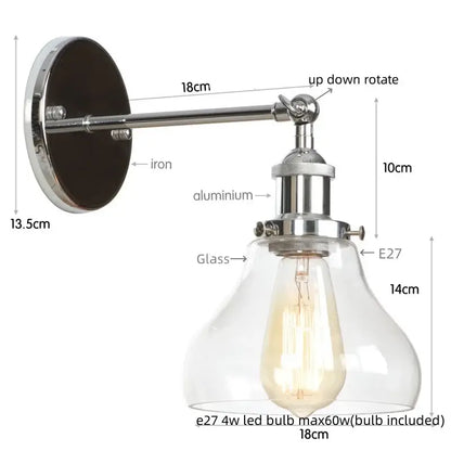 Retro brass and glass wall sconce with chrome iron and aluminum arm clear glass shade e27 led bulb decorbites gold led wall