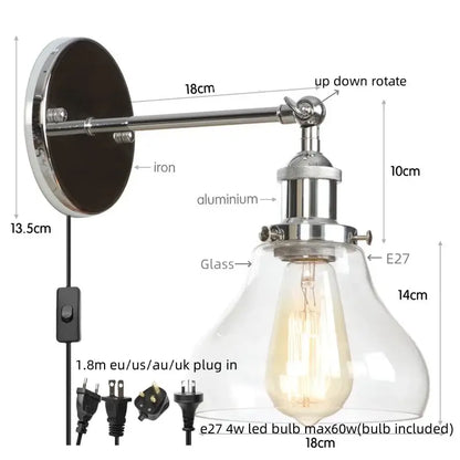 Retro brass and glass wall sconce with chrome iron and aluminum arm and clear shade for decorbites gold led wall lighting