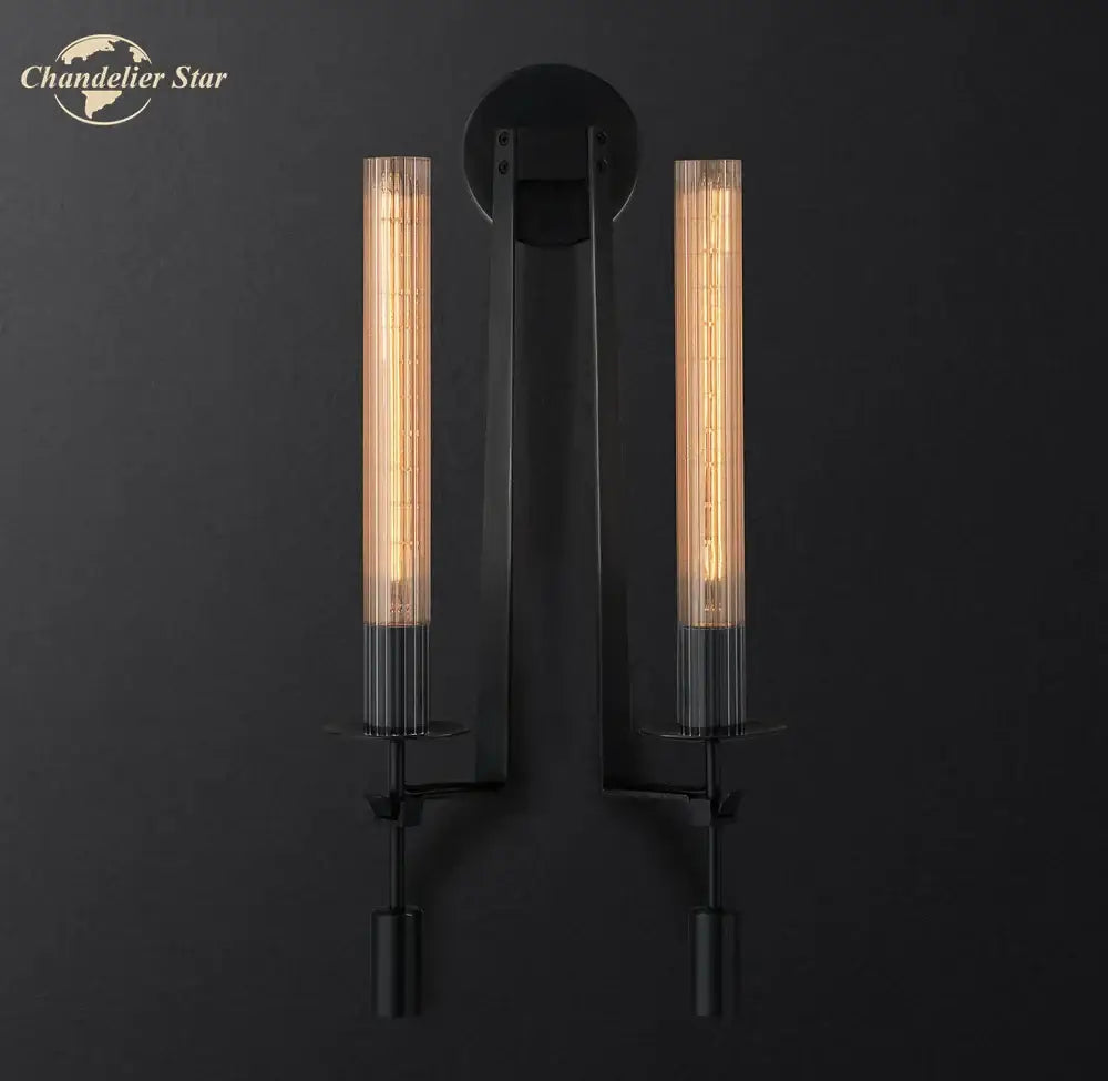 Industrial-style black metal wall light with two vertical edison filament bulbs for decorbites glass double sconce lighting