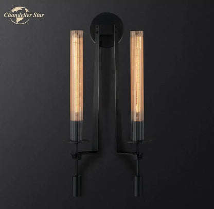 Industrial-style black metal wall light with two vertical edison filament bulbs for decorbites glass double sconce lighting