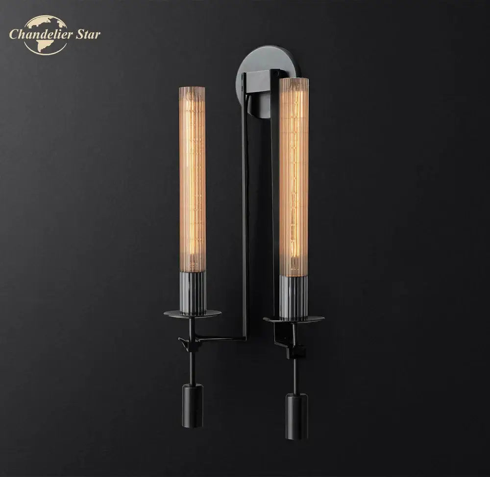 Black metal wall light with two warm filament bulbs in clear glass tubes decorbites glass double sconce living room fixture
