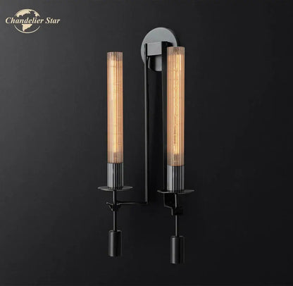 Black metal wall light with two warm filament bulbs in clear glass tubes decorbites glass double sconce living room fixture