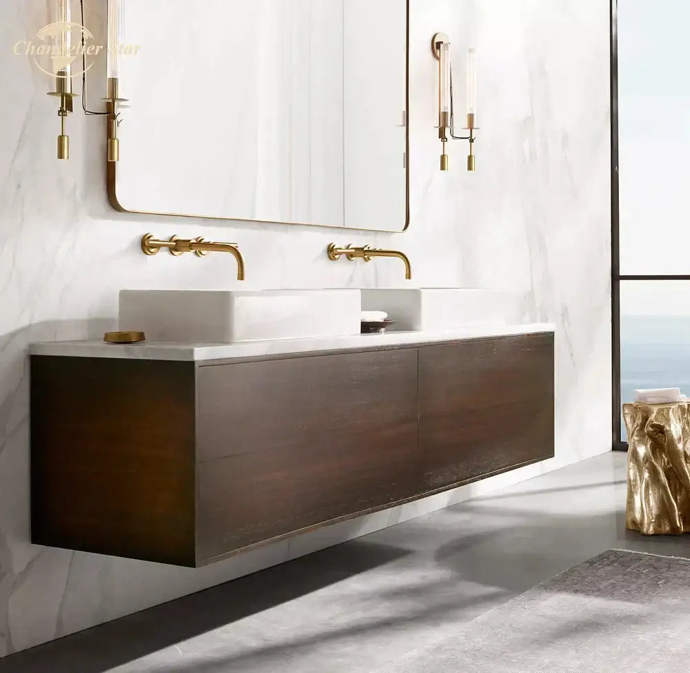 Modern floating bathroom vanity with dark wood and white marble countertop paired with retro brass glass double sconce wall light