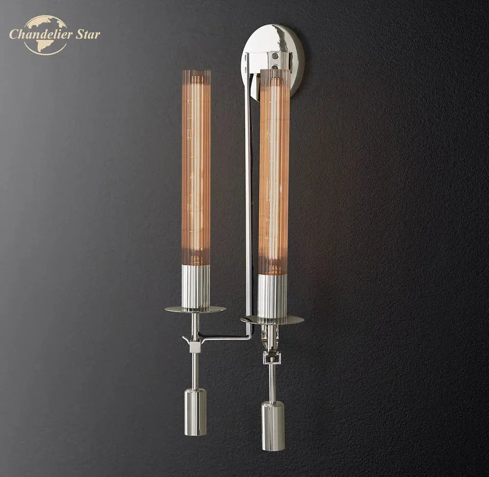 Modern chrome-finished decorbites glass double sconce wall light with amber-tinted tubes for living room lighting