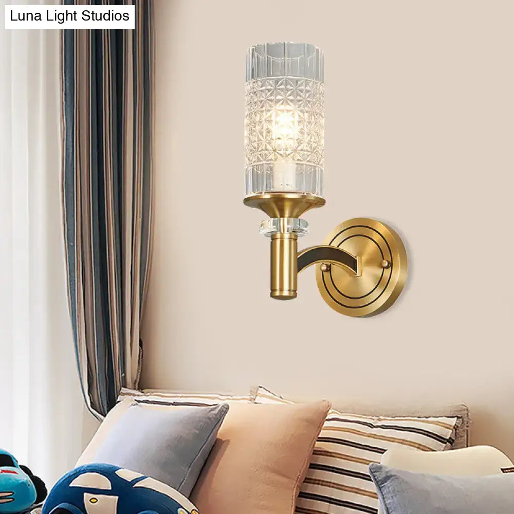 Retro brass gridded crystal wall light with brass finish and faceted clear glass shade for living room sconce lighting