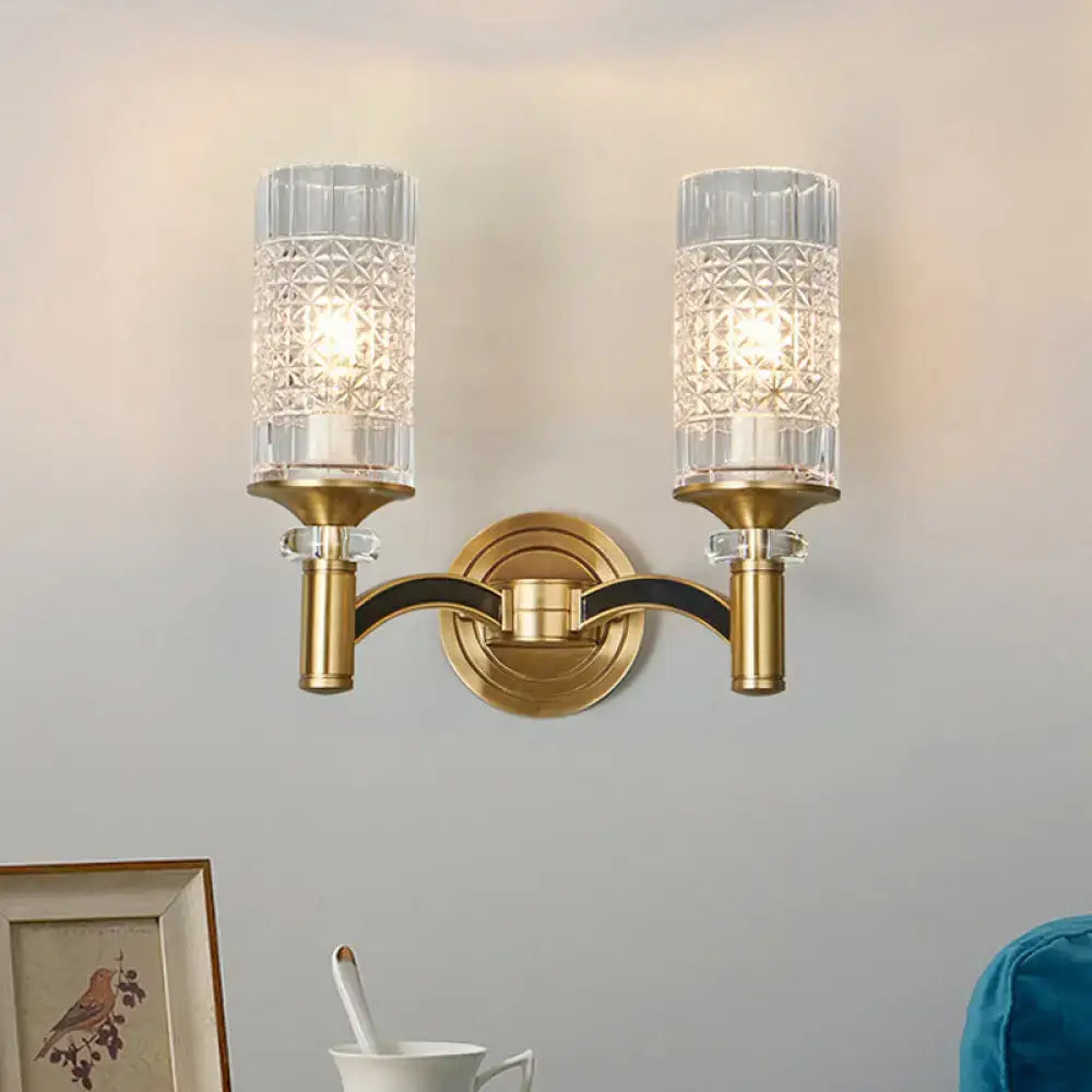 Retro brass gridded crystal wall light with gold-toned arms and black accents for living room wall light lighting