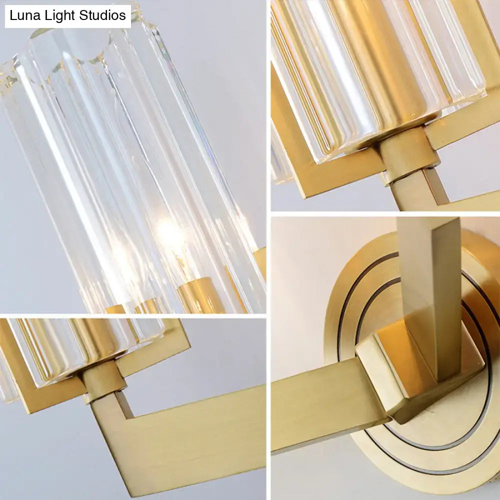 Gold-finished retro brass ribbed glass wall lamp with clear faceted glass shades for living room, inches wide wall sconce