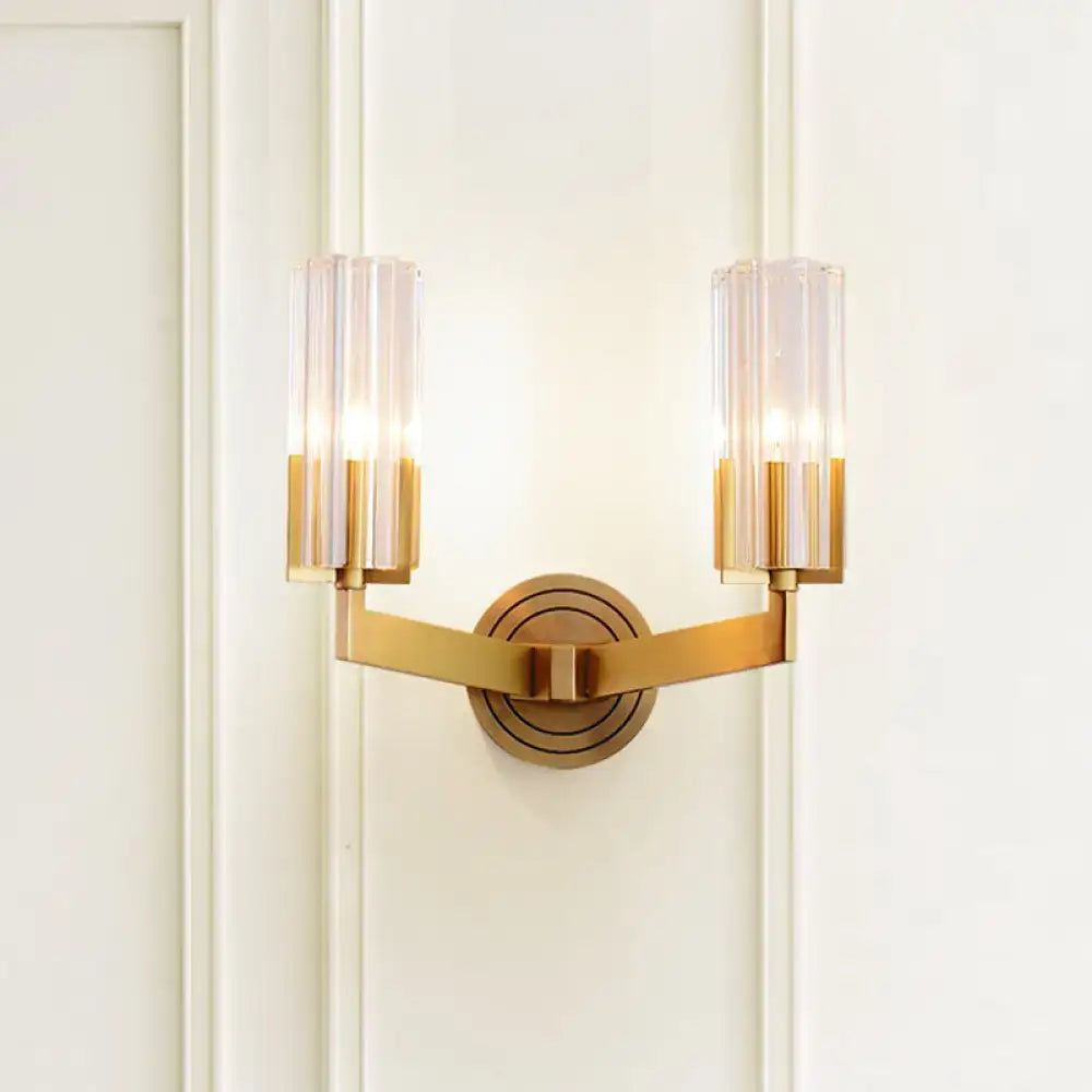 Gold-toned retro brass wall lamp with two faceted crystal shades, inches wide, perfect for living room use