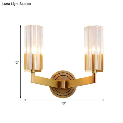 Gold-toned retro brass wall lamp with two vertical ribbed glass shades 12 inches wide for living room sconce lighting