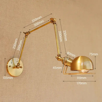 Retro brass swing arm wall sconce with brass finish, adjustable articulated arms, and dome-shaped glass shade by decorbites golden loft