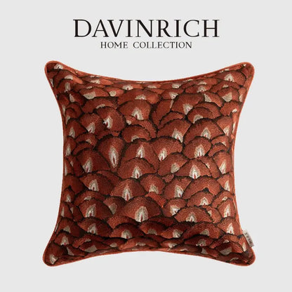 Retro brick red embroidered geometry pillow case with rust-colored fabric and cream dark brown fan pattern for living room