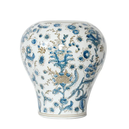 White porcelain ceramic vase with intricate blue and gold floral patterns for retro decorbites blue living room set