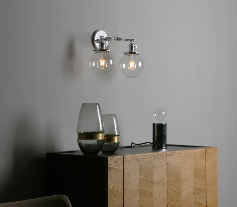 Retro chrome double glass ball globe wall light with chrome finish and exposed filament bulbs for bedroom decorbites wall light