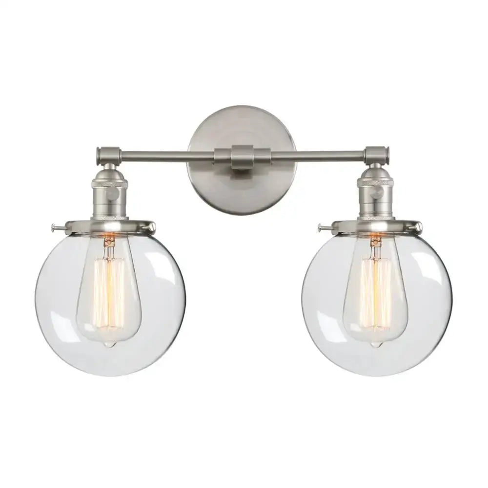 Retro chrome double glass ball globe wall light with brushed nickel fixtures and clear glass shades for bedroom decorbites wall light