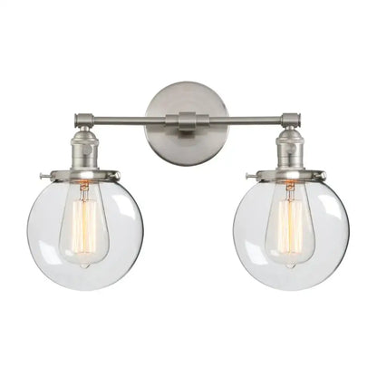 Retro chrome double glass ball globe wall light with brushed nickel fixtures and clear glass shades for bedroom decorbites wall light