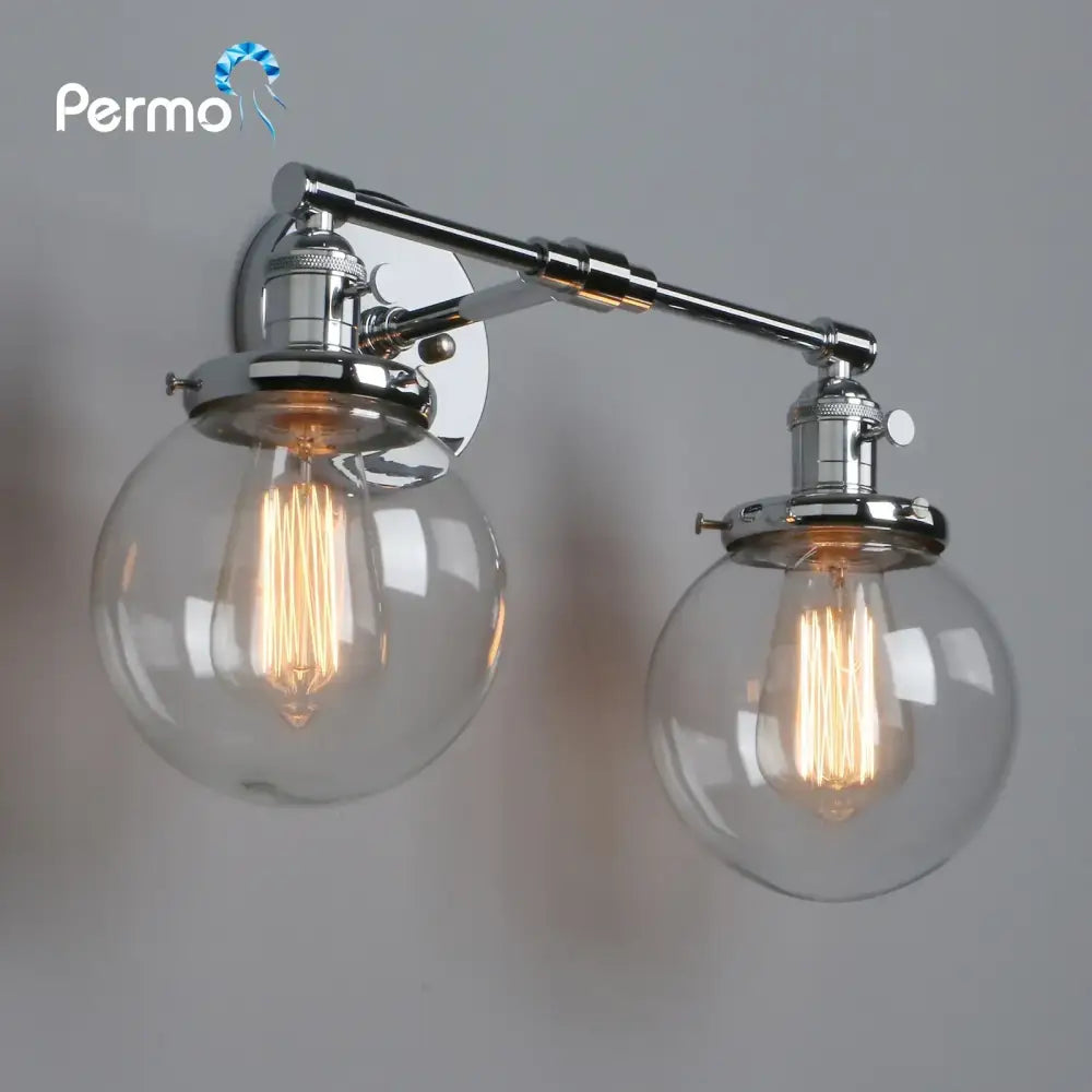 Chrome finished retro double glass ball globe wall light with exposed edison bulbs for bedroom sconce decorbites glass ball