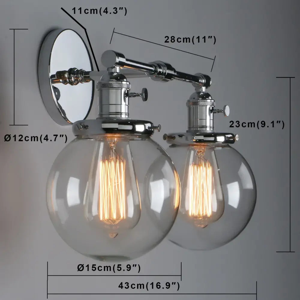 Retro chrome double glass ball globe wall light featuring two clear glass ball globe shades with vintage edison bulbs