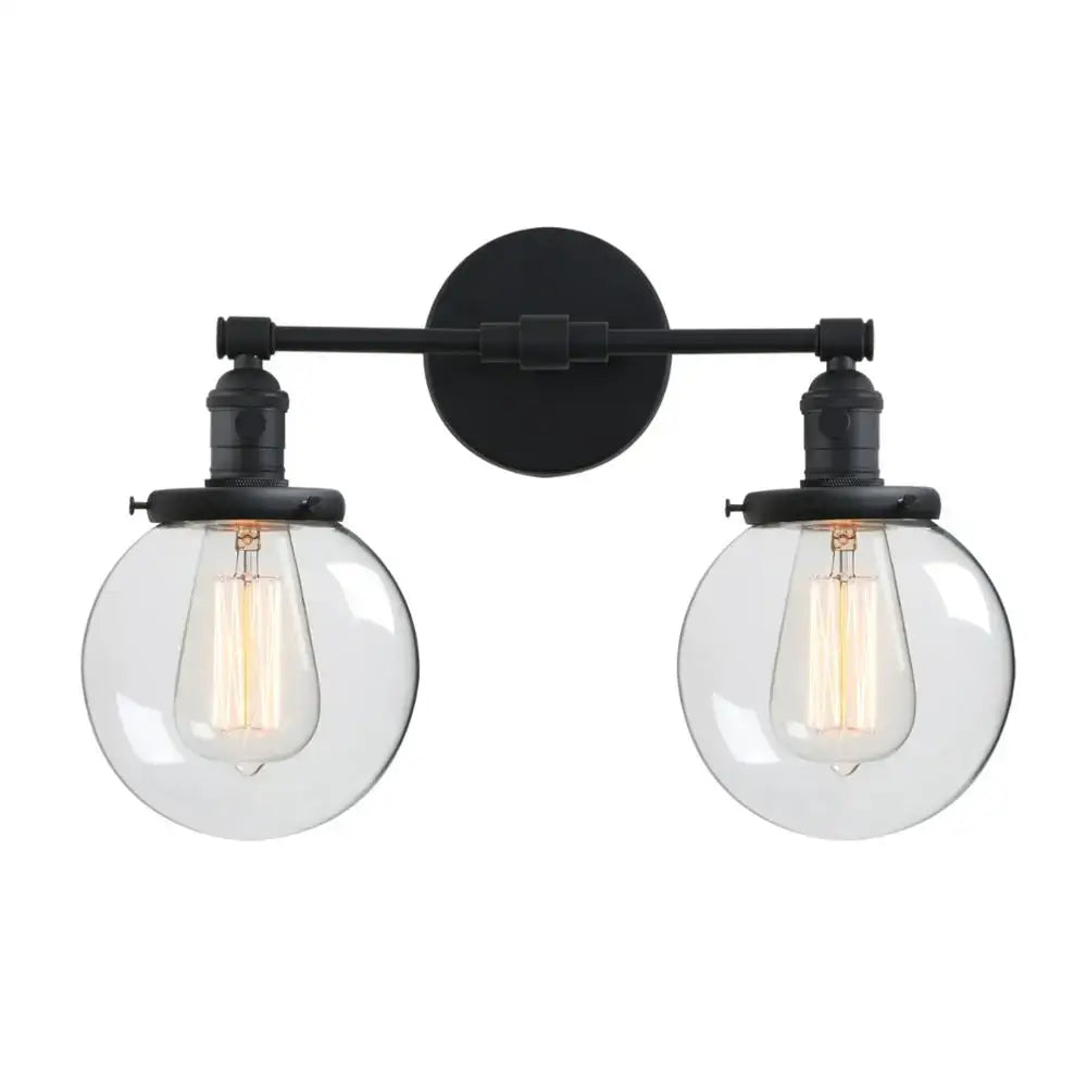 Black industrial wall light with retro chrome double glass ball globe and exposed filament bulbs for bedroom decorbites glass ball