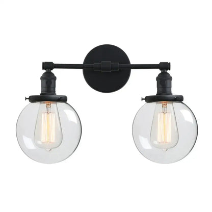 Black industrial wall light with retro chrome double glass ball globe and exposed filament bulbs for bedroom decorbites glass ball