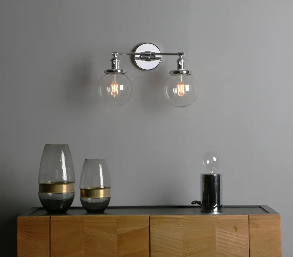 Modern chrome double glass ball globe wall light with clear glass shades and exposed filament bulbs for bedroom decorbites wall light