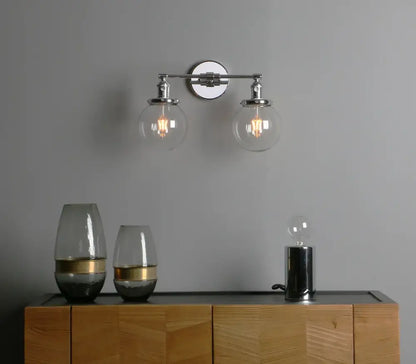 Modern chrome double glass ball globe wall light with clear glass shades and exposed filament bulbs for bedroom decorbites wall light