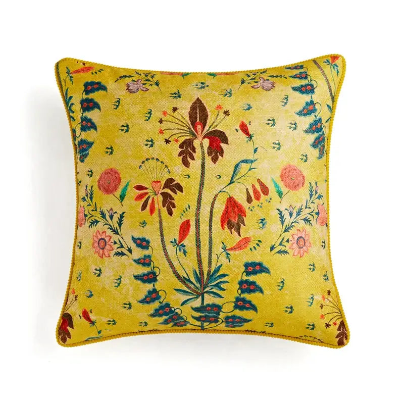 Vibrant yellow velvet pillow cover with red pink and teal embroidered floral patterns decorbites circus retro decor