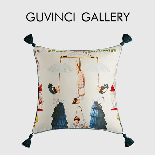 Cream-colored pillow cover with vintage circus retro illustration and dark teal tassels perfect for decorbites circus retro decor