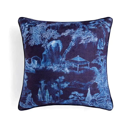 Square pillow cover featuring a blue oriental landscape design with tassels for decorbites circus retro living room decor