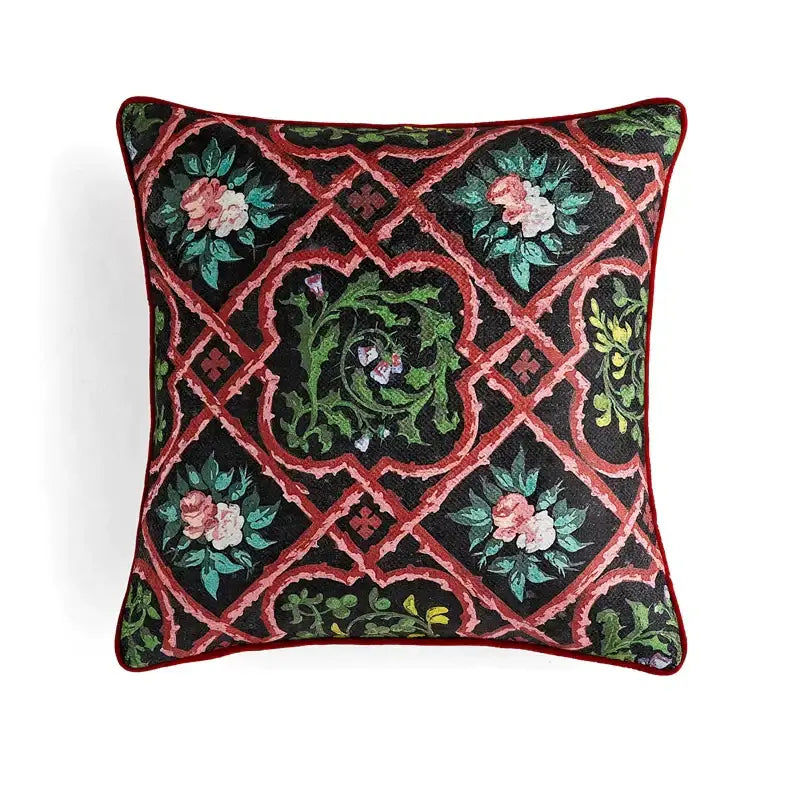 Square pillow cover with intricate pink green and black floral embroidery and tassels for decorbites circus retro decor