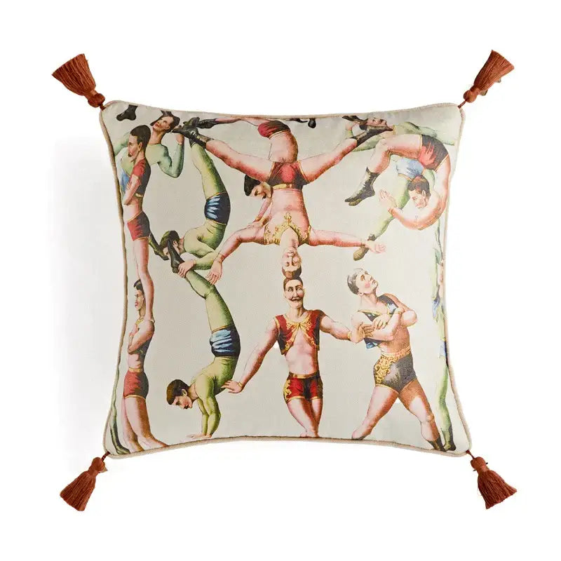 Square pillow cover with vintage circus retro acrobat illustration in muted tones and rust tassels for living room decorbites circus retro