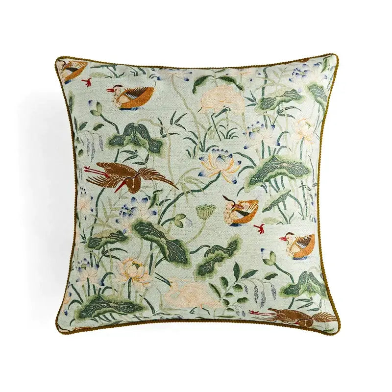 Retro circus cream pillow cover with embroidered birds and lotus on pale green with gold trim for decorbites circus retro decor