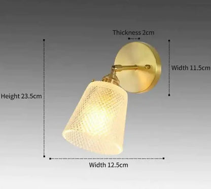 Retro copper flower brass wall sconce with brass finish and textured off-white fluted glass shade for bedroom lighting