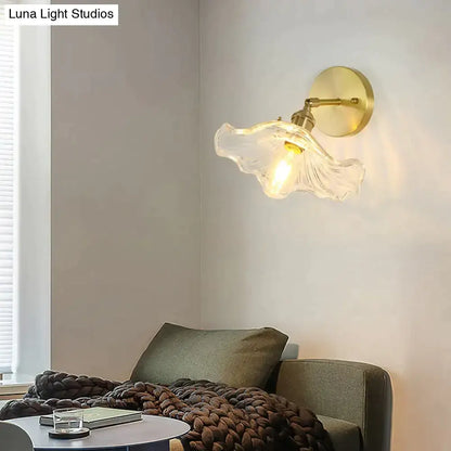 Retro copper flower brass wall sconce with delicate translucent fluted glass lampshade for bedroom lighting