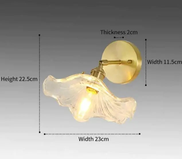 Retro copper flower brass wall sconce with a delicate translucent fluted glass lampshade for bedroom lighting
