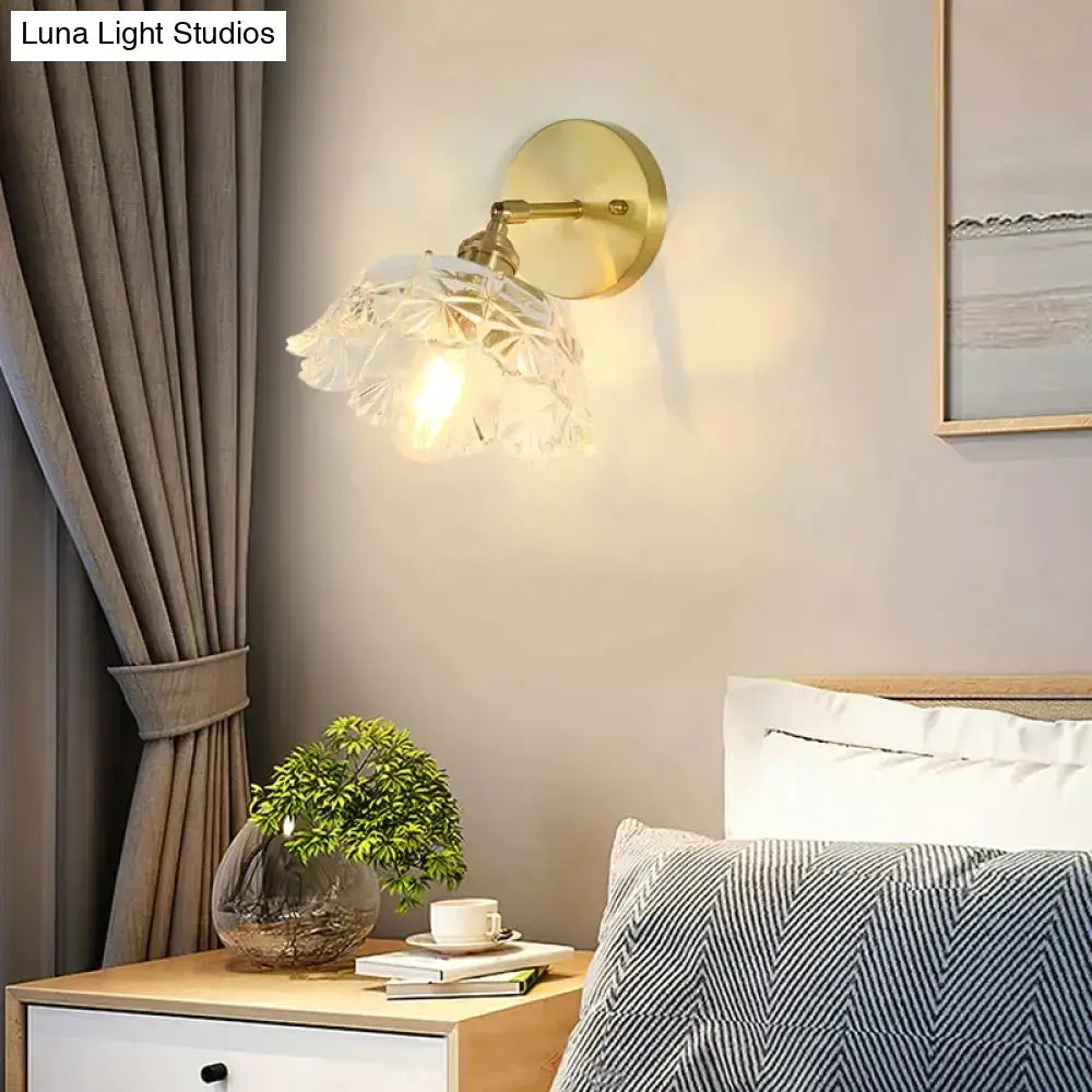 Retro copper flower brass wall sconce with gold-toned finish and delicate translucent fluted glass shade with leaf pattern