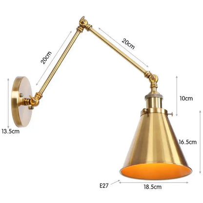 Brass adjustable wall lamp with conical shade and orange interior in decorbites iron loft retro industrial style