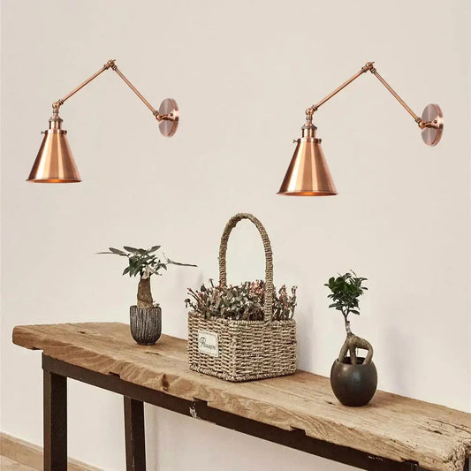 Retro copper iron loft wall lamp with articulated arms and conical shades in copper-finished iron loft retro style decorbites iron loft