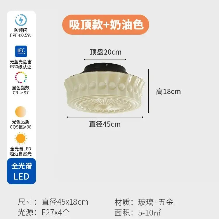 Retro cream glass led ceiling light with radial fluted pattern and black metal top for decorbites ceiling light