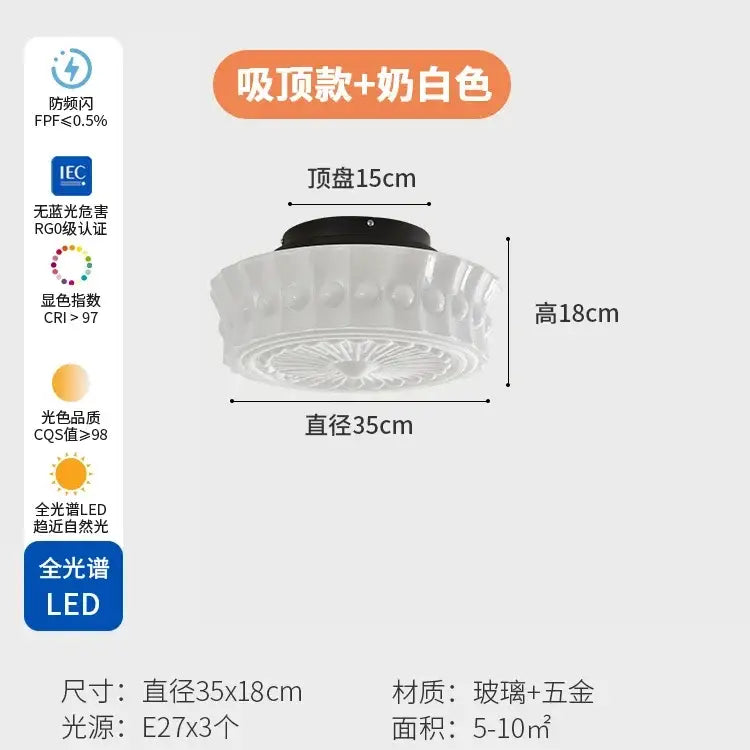 Retro cream glass led ceiling light with white frosted glass, black metal base, scalloped edges, perfect bedroom decorbites cream glass