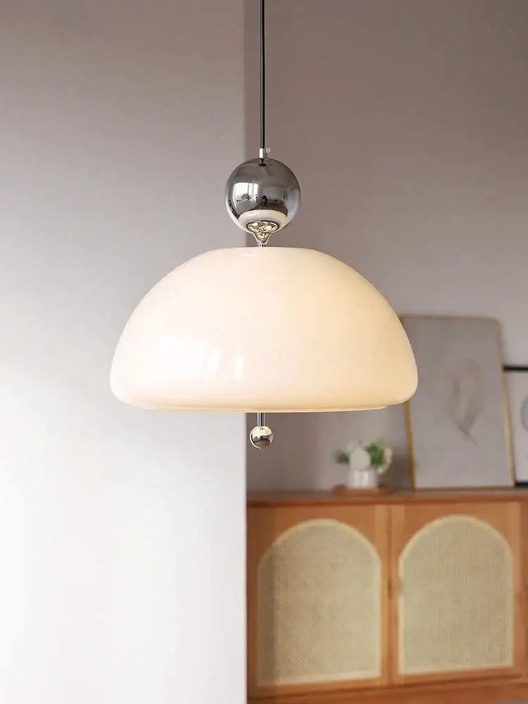Cream glass retro pendant light with dome shape and polished chrome spherical top for dining room decorbites cream glass