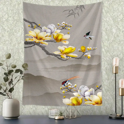 Gray tapestry with yellow white magnolia blossoms dark branches birds and mountains ideal for decorbites flying crane wall hanging
