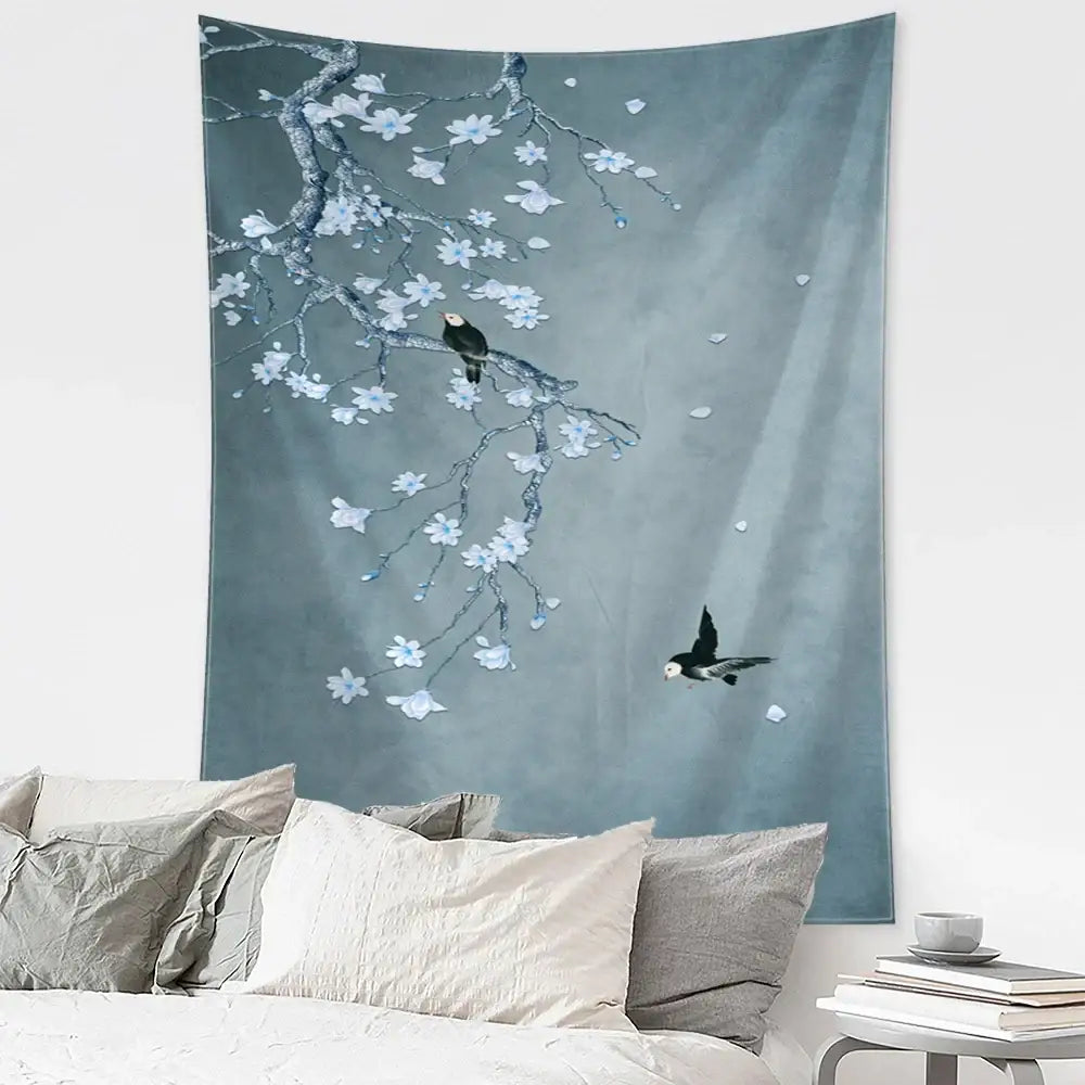 A soft gray crane wall hanging with delicate white blossoms and black and white birds in retro flying crane wall decor
