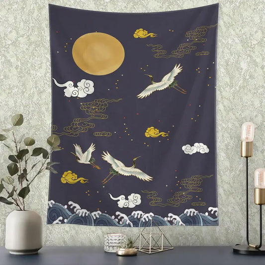 Retro dark blue and gold flying crane wall hanging tapestry with embroidered white cranes clouds moon for bedroom decorbites flying crane decor