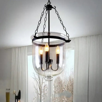 Black wrought iron retro dark bronze glass bucket pendant light with clear dome and three lit candle-style bulbs for dining room decorbites glass bucket pendant